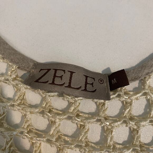 Zele Cardigan Womens M Medium Cream Flax Linen Open Knit Shell Button Pockets - Picture 7 of 11